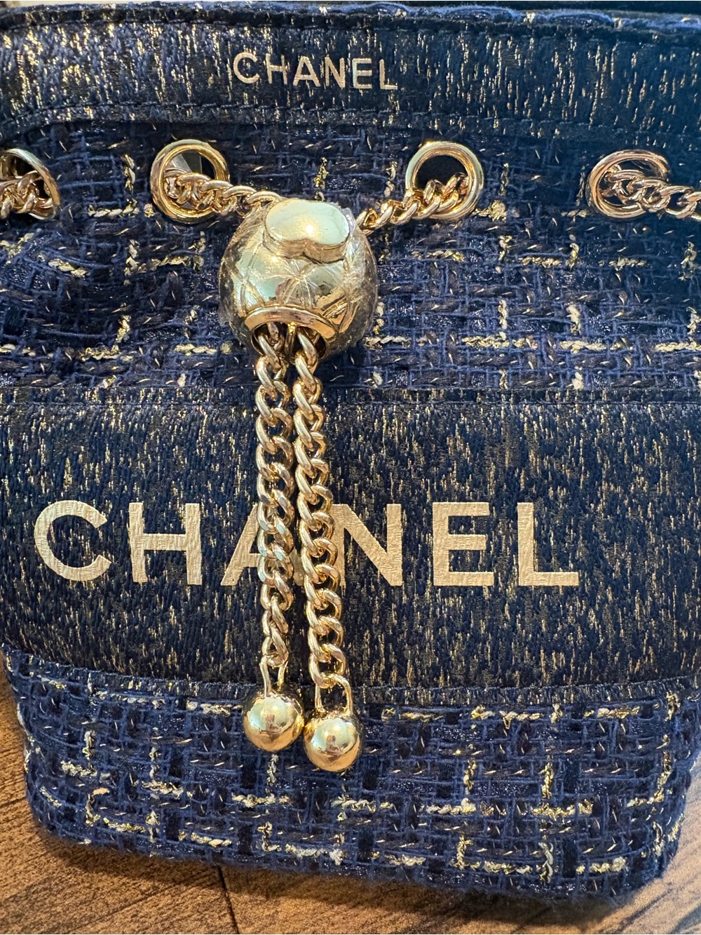 GWP manufactured for CHANEL Gifts Navy Tweed Drawstring Chain Shoulder Bag - Picture 2 of 3
